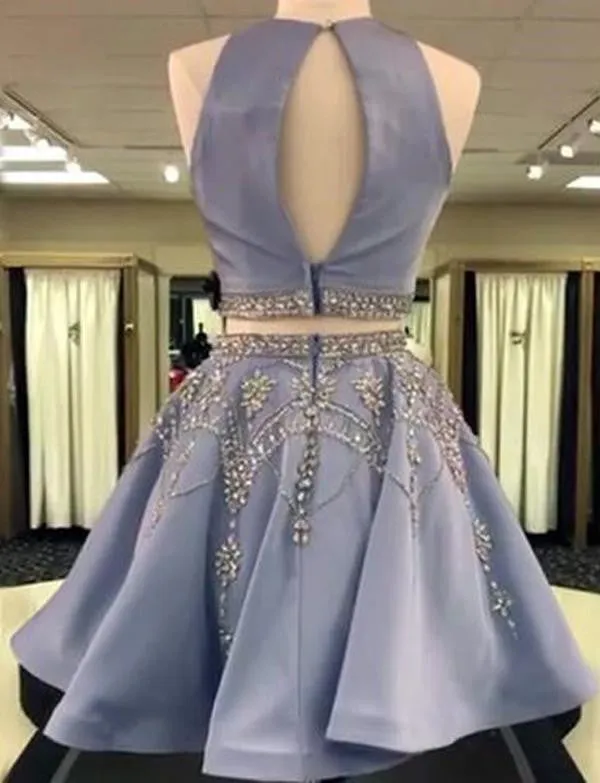 2 Pieces Satin Beaded Prom Dresses, 2 Pieces Homecoming Dresses, Formal Dresses, Graduation Dresses