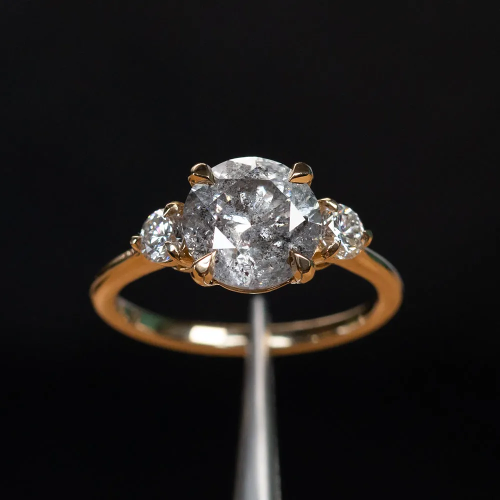 2.53ct Round Grey Salt and Pepper and White Diamond Three Stone Ring in 14k Yellow Gold