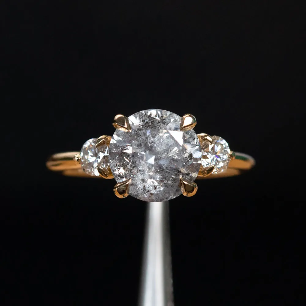 2.53ct Round Grey Salt and Pepper and White Diamond Three Stone Ring in 14k Yellow Gold