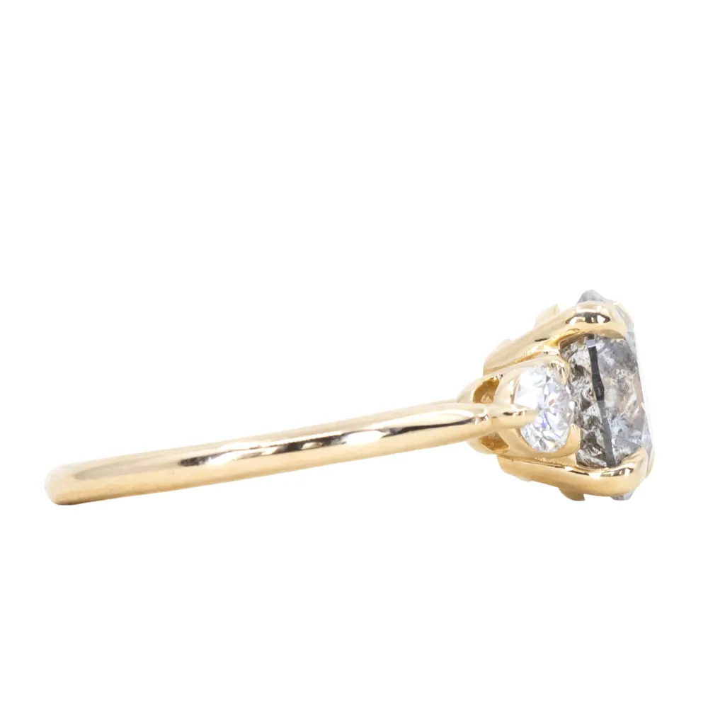 2.53ct Round Grey Salt and Pepper and White Diamond Three Stone Ring in 14k Yellow Gold