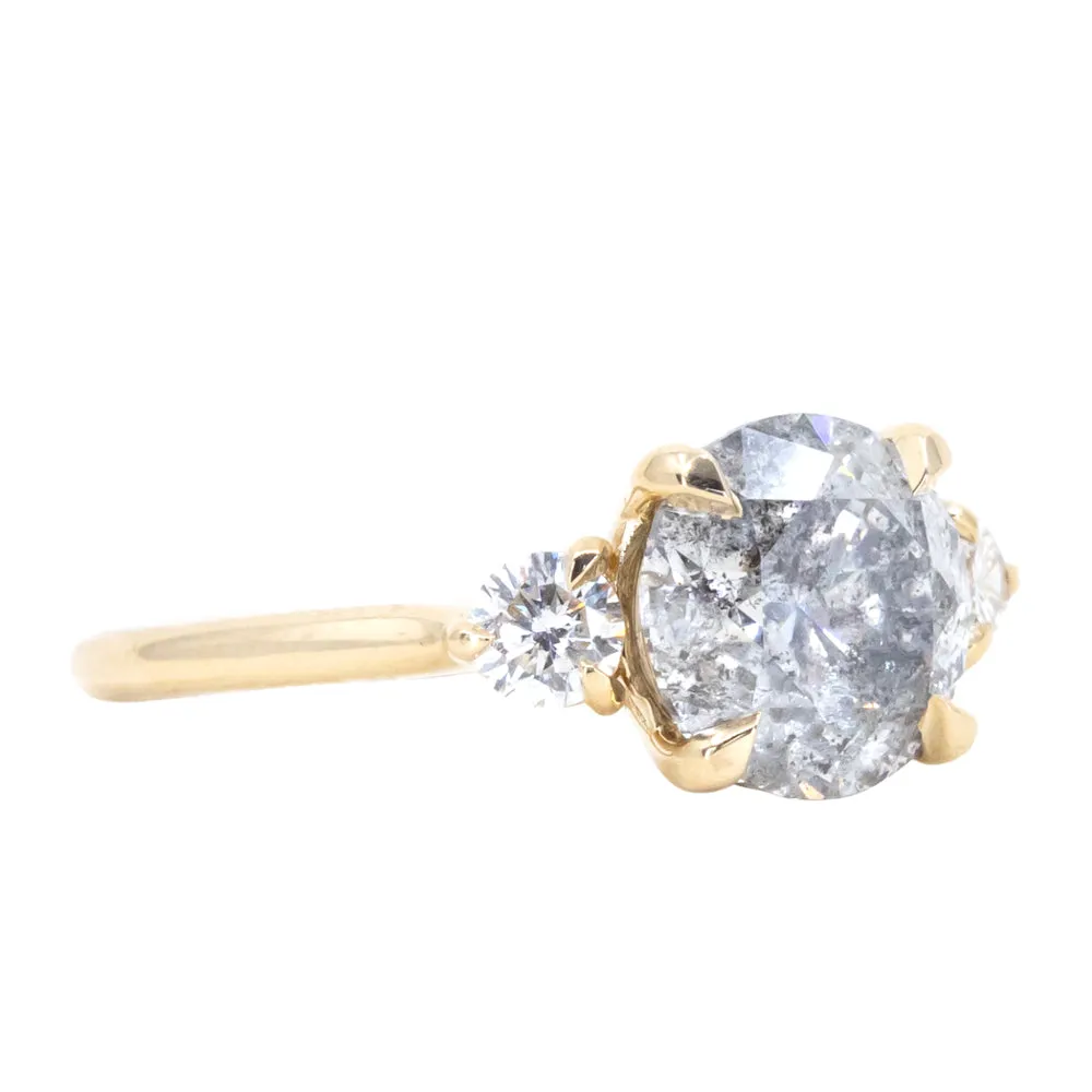 2.53ct Round Grey Salt and Pepper and White Diamond Three Stone Ring in 14k Yellow Gold