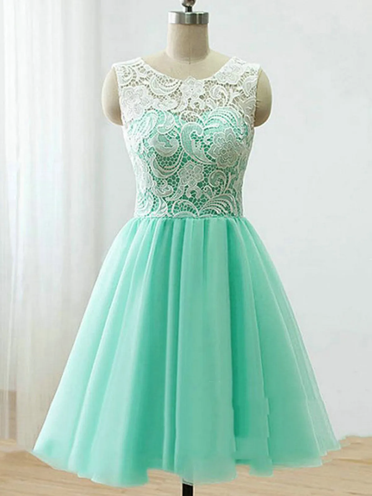 A Line Round Neck Short Green/Yellow/Blue Lace Prom Dress, Short Lace Bridesmaid Dress, Homecoming Dress