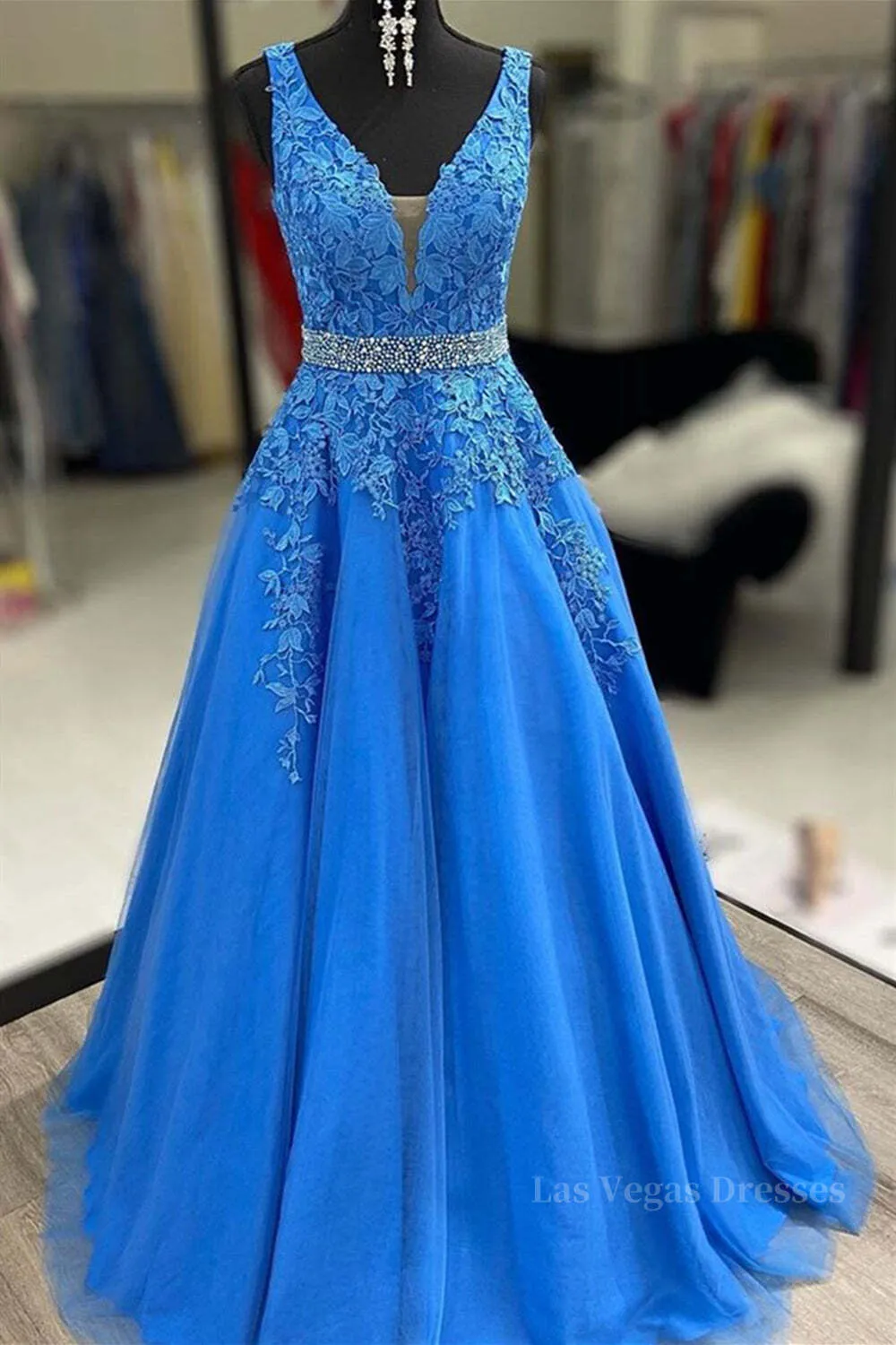 A Line V Neck Blue Lace Long Prom Dresses with Belt, Blue Lace Formal Evening Dresses