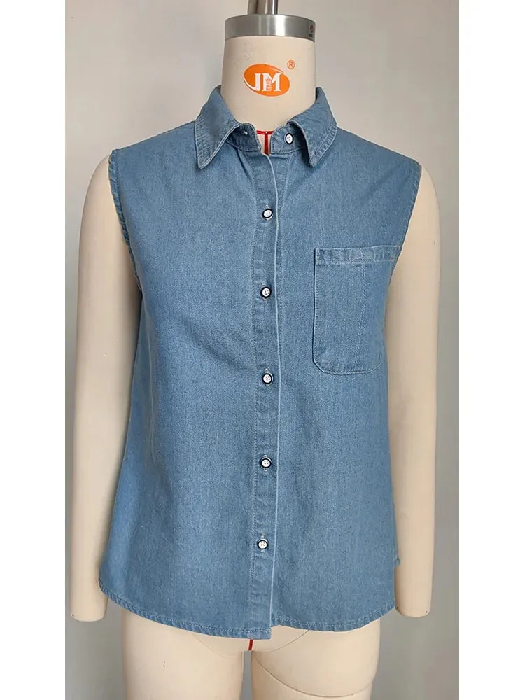 Benuynffy Summer New Fashion Washed Casual Sleeveless Denim Button Up Shirts Female Blouse