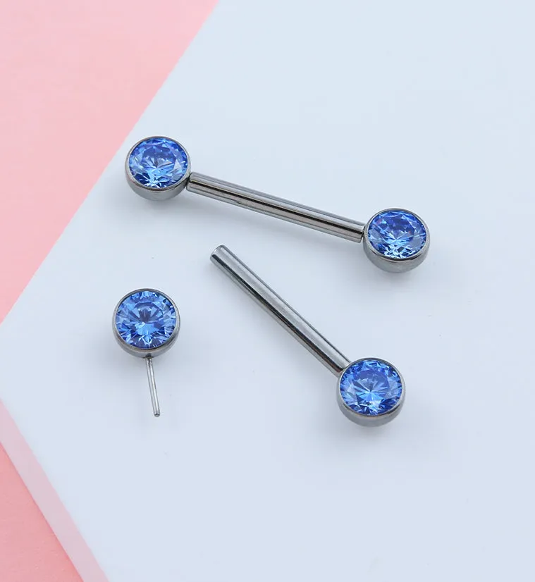 Bezel Aqua CZ Threadless Titanium Nipple Barbells