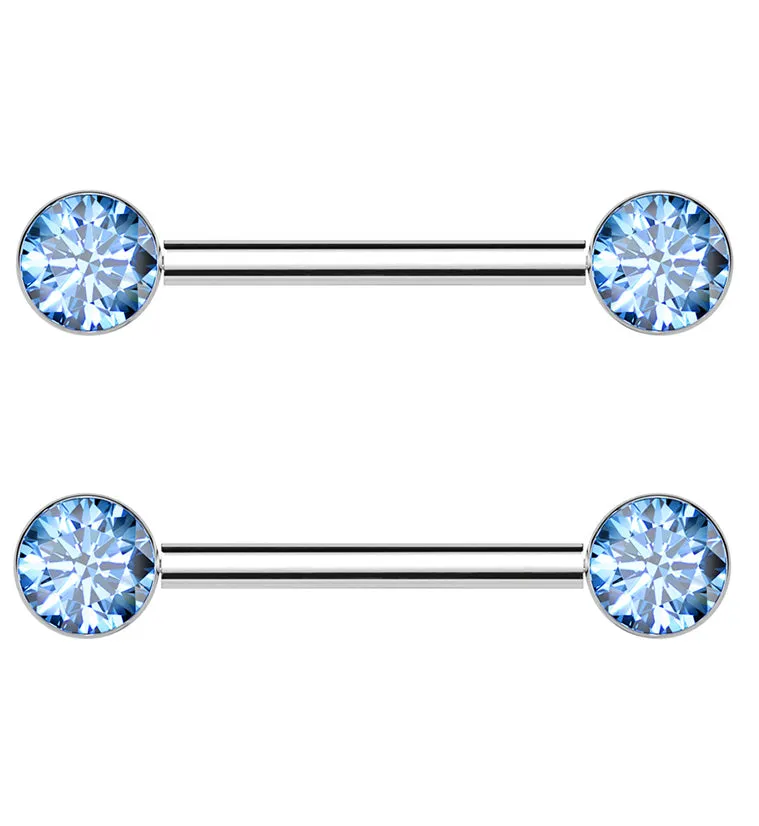 Bezel Aqua CZ Threadless Titanium Nipple Barbells