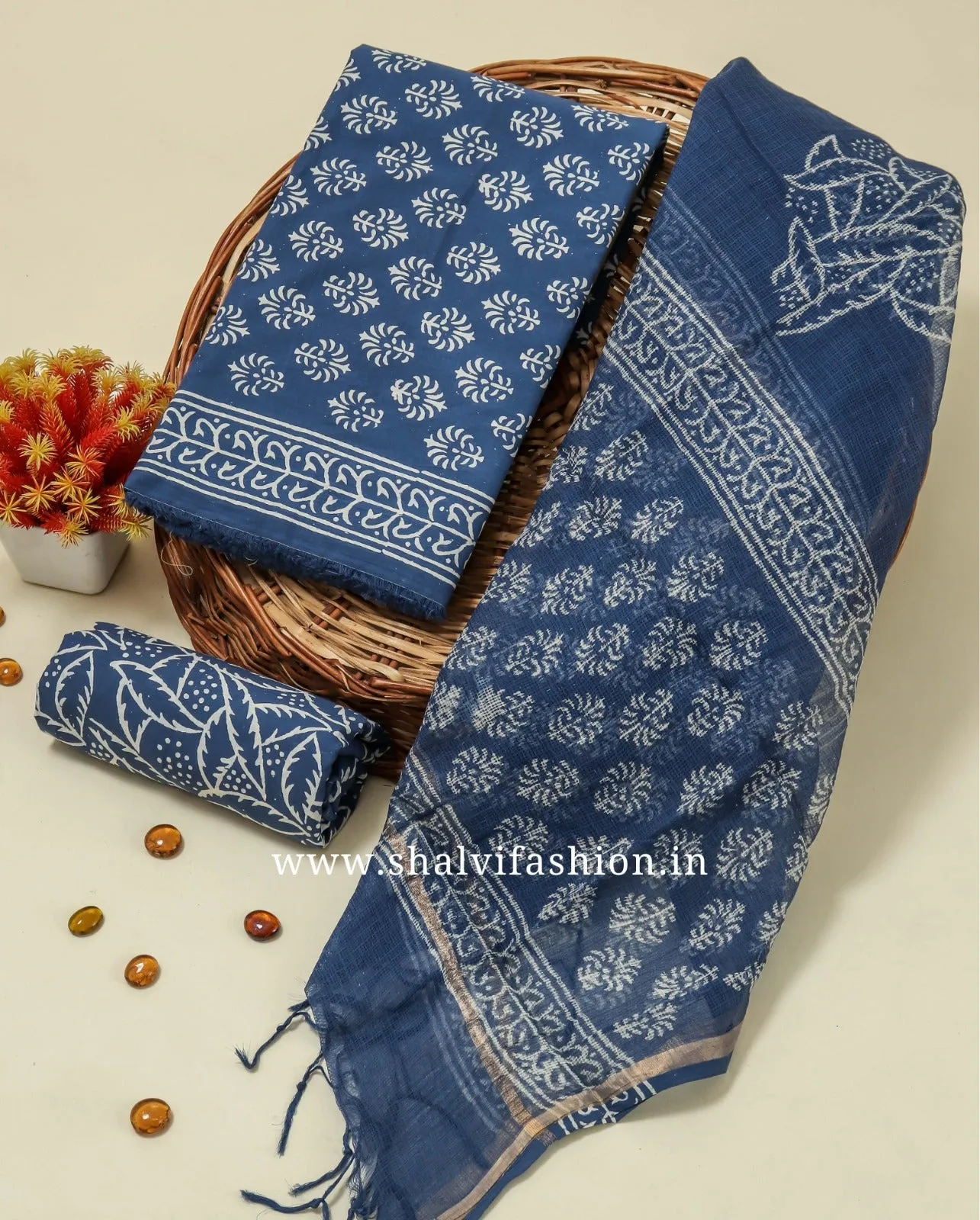 Blue Buti Print Cotton Suit Set with Kota Doria Dupatta (RKD144)