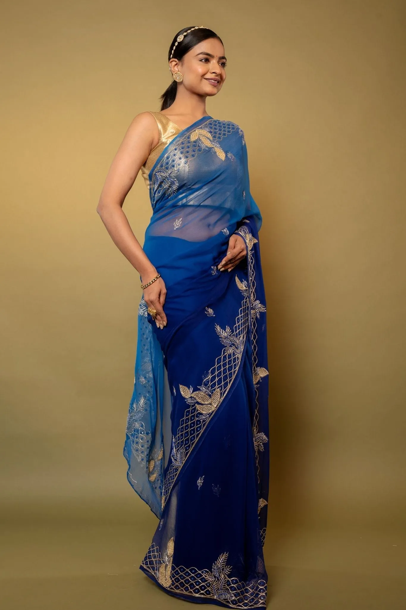 Blue Ombre Viscose Chiffon Saree