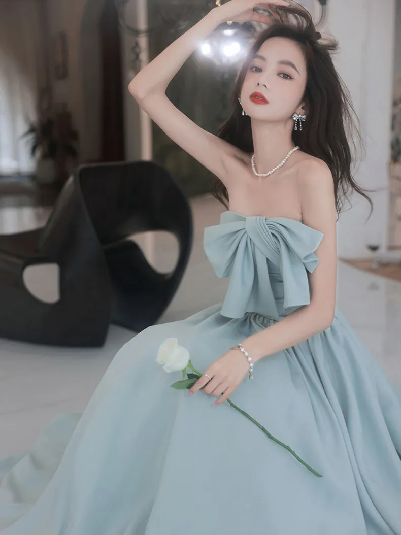 Blue satin A line long prom dress, blue bridesmaid dress