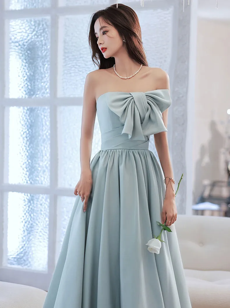 Blue satin A line long prom dress, blue bridesmaid dress