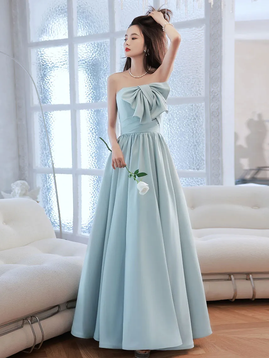 Blue satin A line long prom dress, blue bridesmaid dress