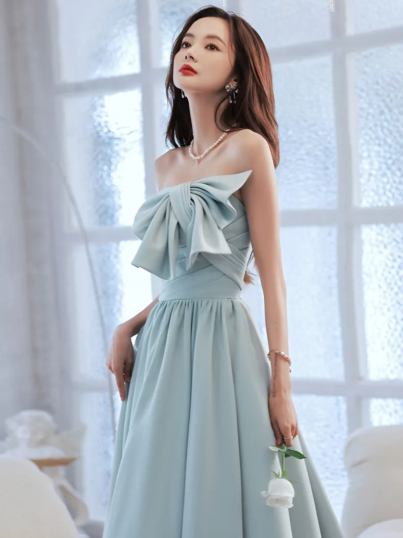 Blue satin A line long prom dress, blue bridesmaid dress