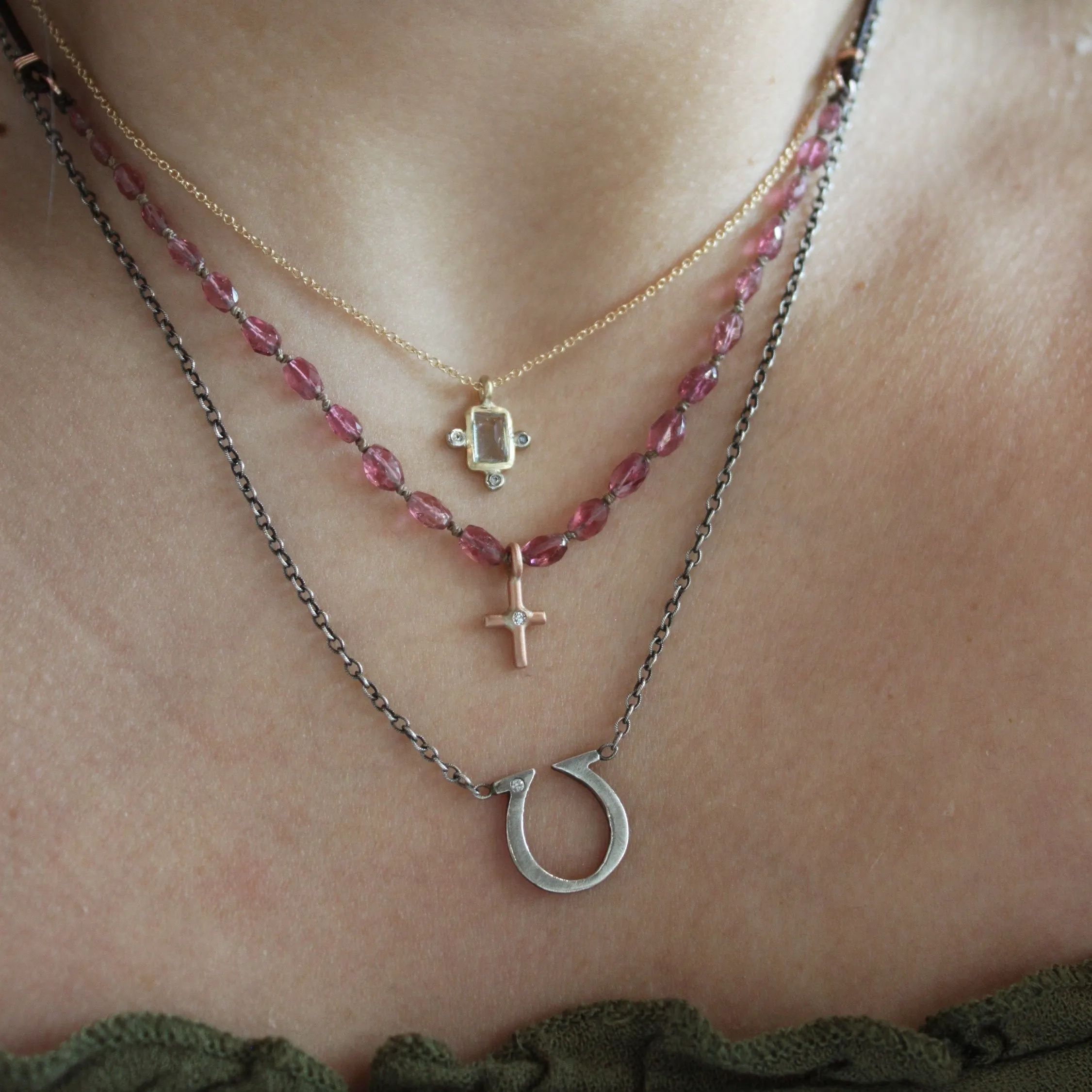 Bohemian Pink Tourmaline & Diamond Cross Necklace