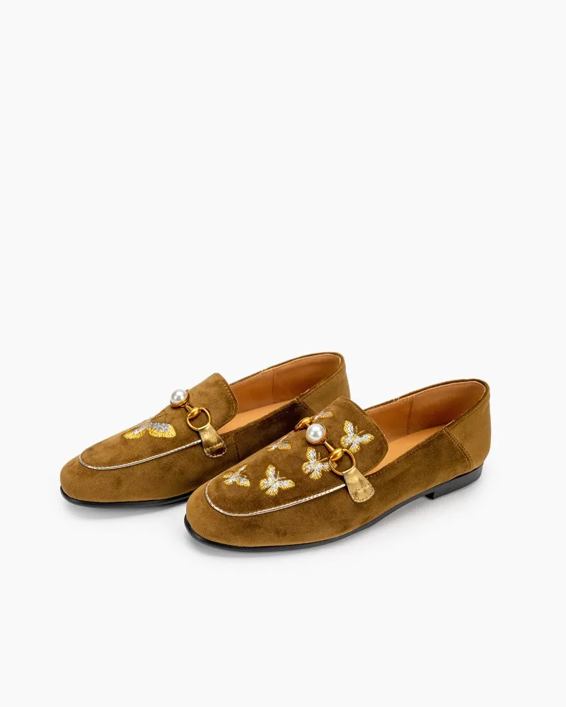 Butterfly Embroidery Velvet Backless Slip On Loafers