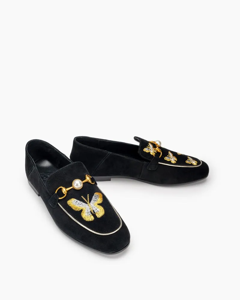 Butterfly Embroidery Velvet Backless Slip On Loafers