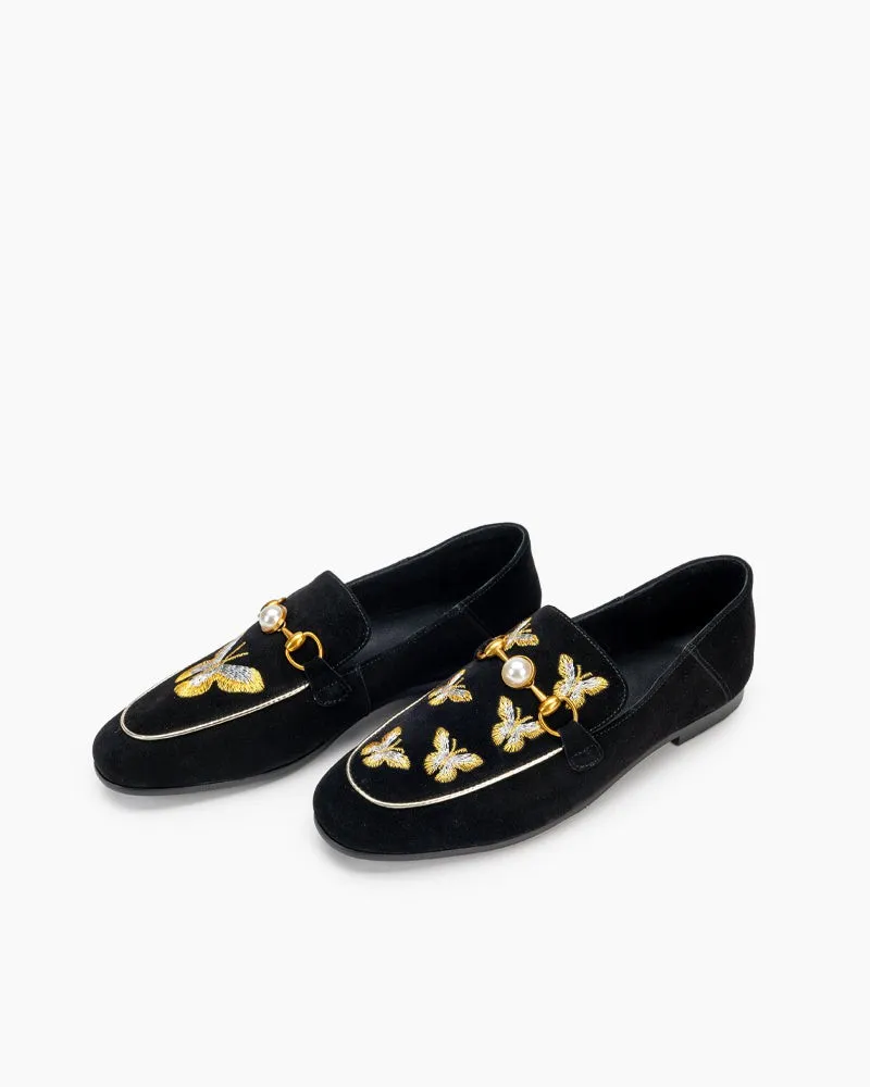 Butterfly Embroidery Velvet Backless Slip On Loafers