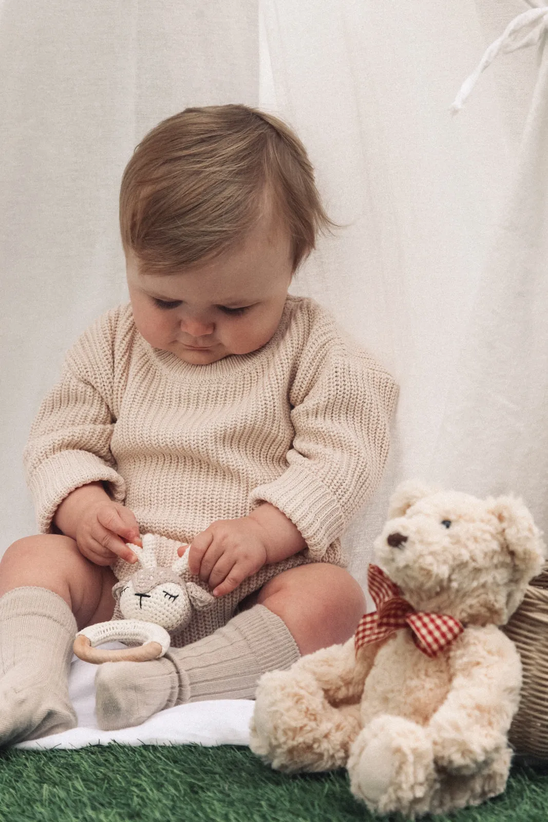 Cotton Long Sleeve Knitted Romper in Nude