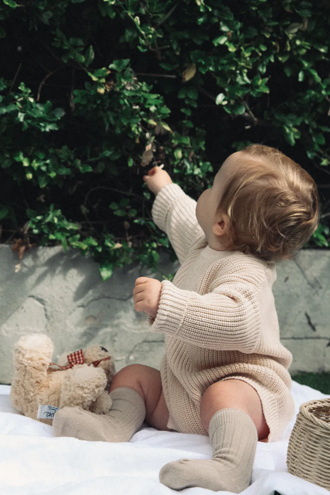 Cotton Long Sleeve Knitted Romper in Nude