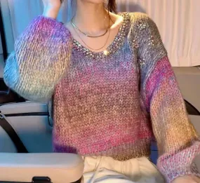 Diamond-encrusted Gradient V-neck Sweater