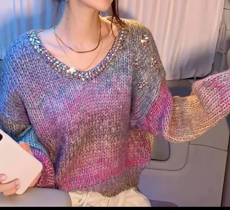 Diamond-encrusted Gradient V-neck Sweater