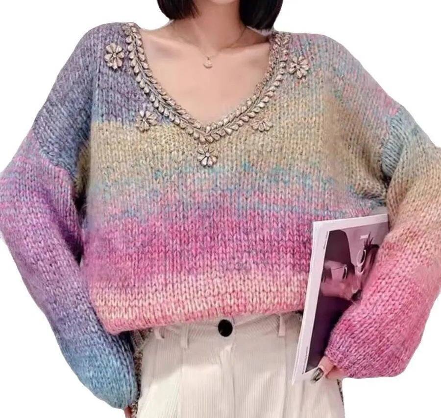 Diamond-encrusted Gradient V-neck Sweater