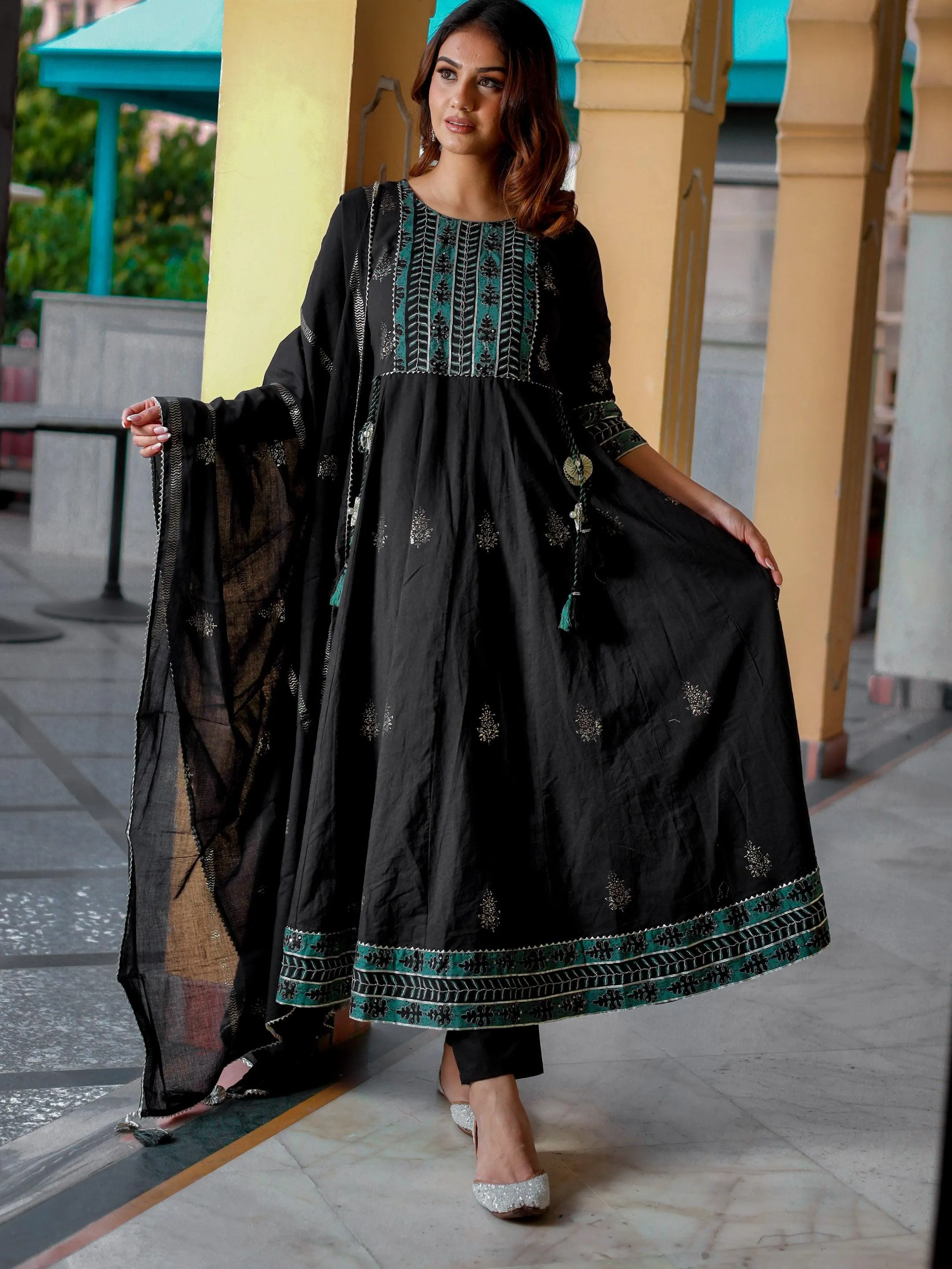 Divena Black Cotton Anarkali Kurta Pant Set with Dupatta