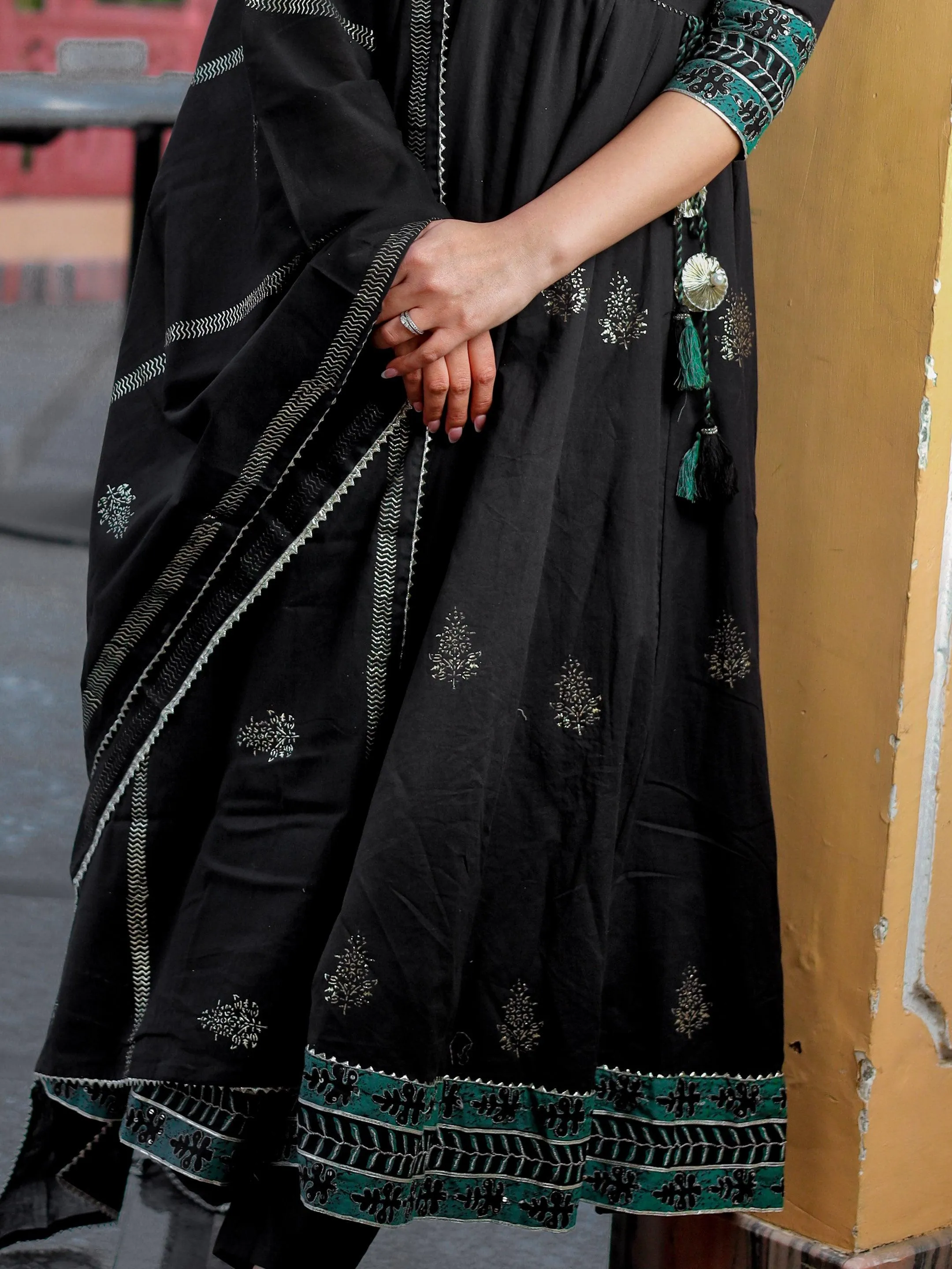 Divena Black Cotton Anarkali Kurta Pant Set with Dupatta