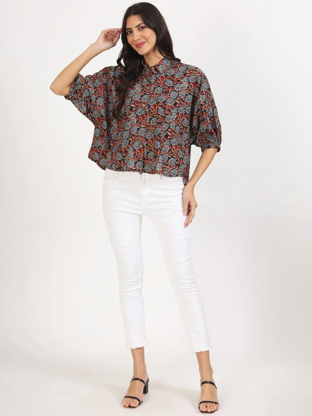 Divena Black Floral Printed Cotton Tops