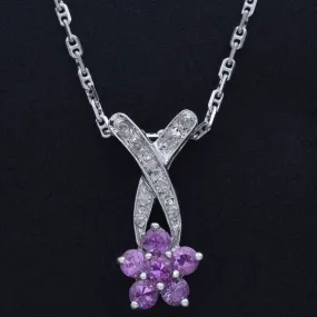 Estate Pink Sapphire & Diamond 14K White Gold Floral Pendant Necklace