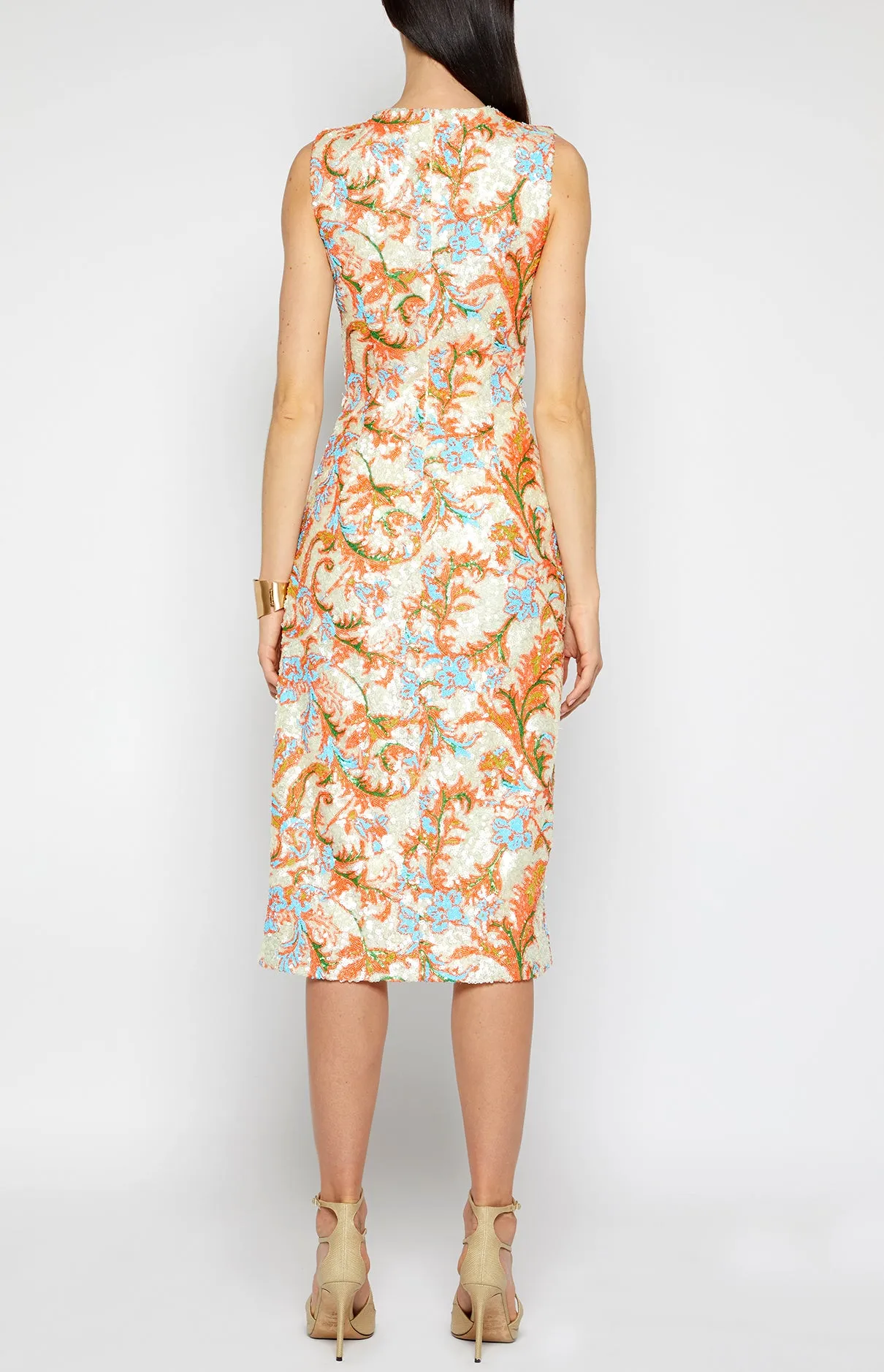 FLORAL SEQUIN SLEEVELESS SHEATH DRESS