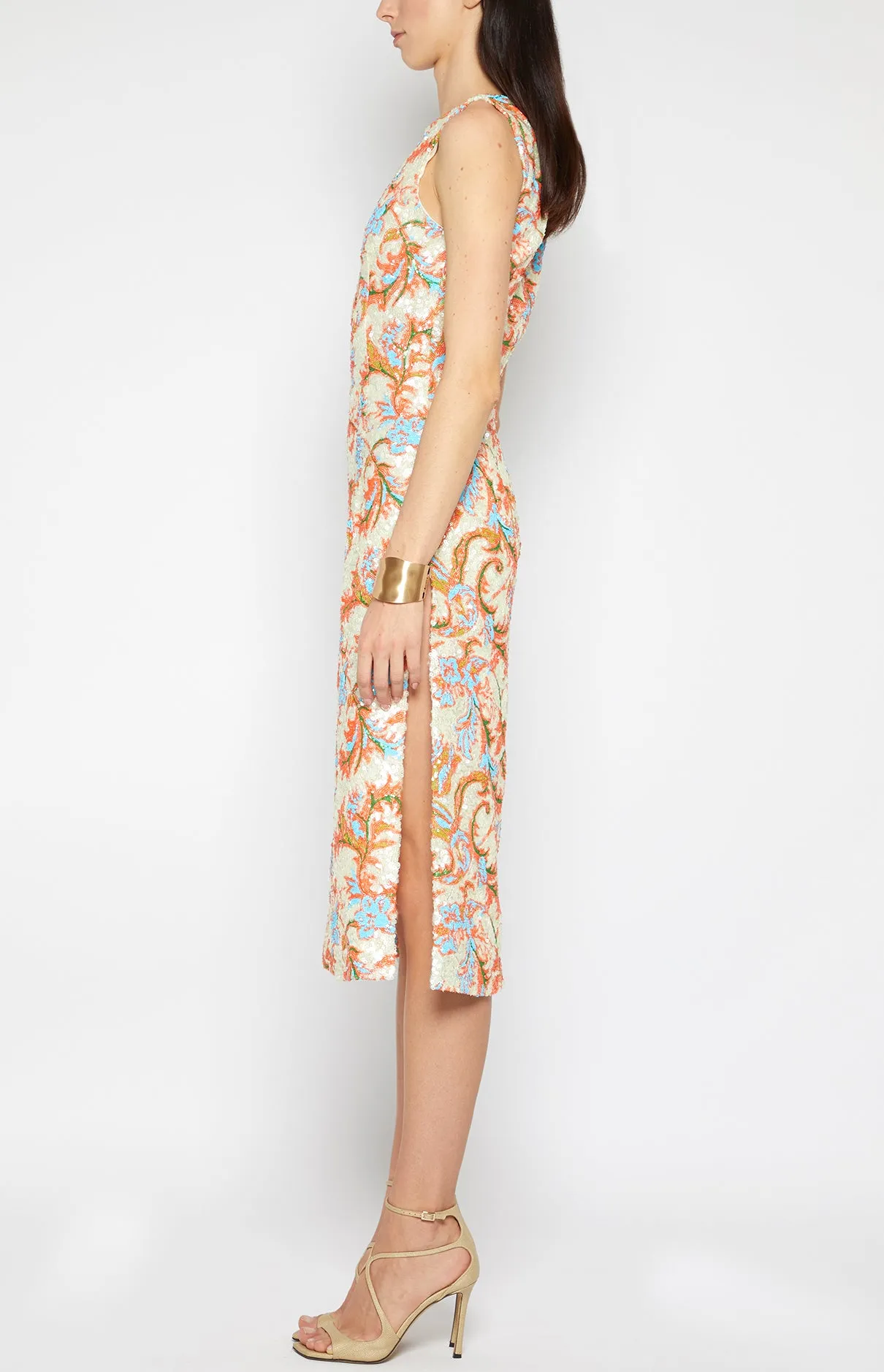 FLORAL SEQUIN SLEEVELESS SHEATH DRESS