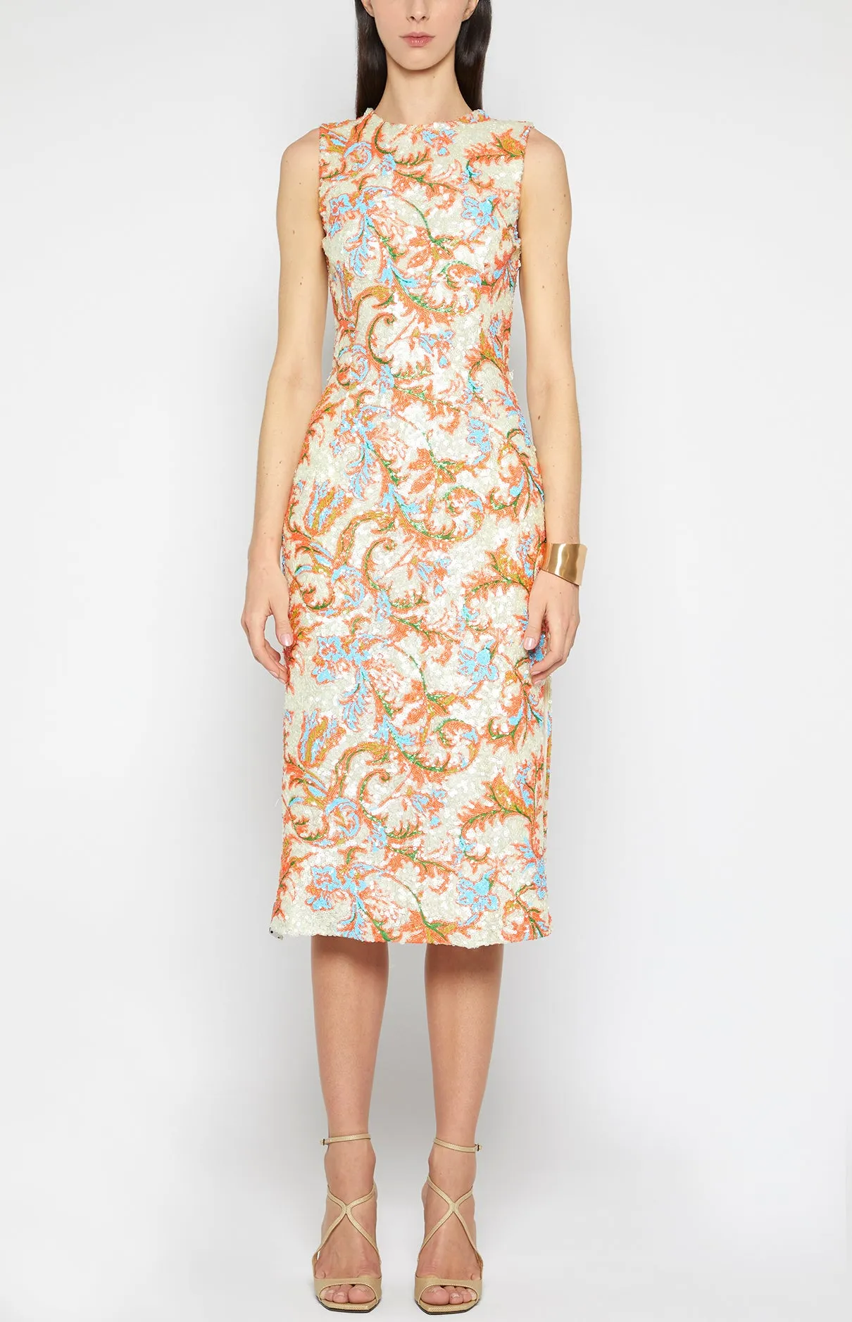 FLORAL SEQUIN SLEEVELESS SHEATH DRESS