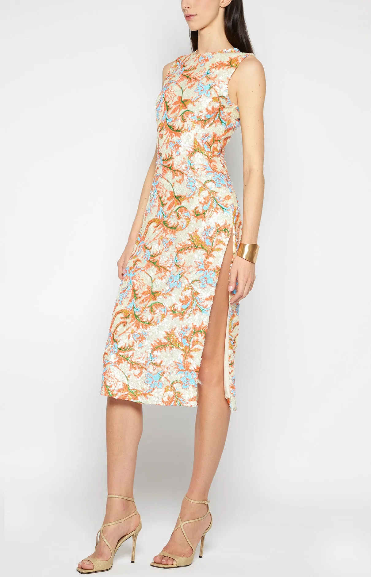 FLORAL SEQUIN SLEEVELESS SHEATH DRESS