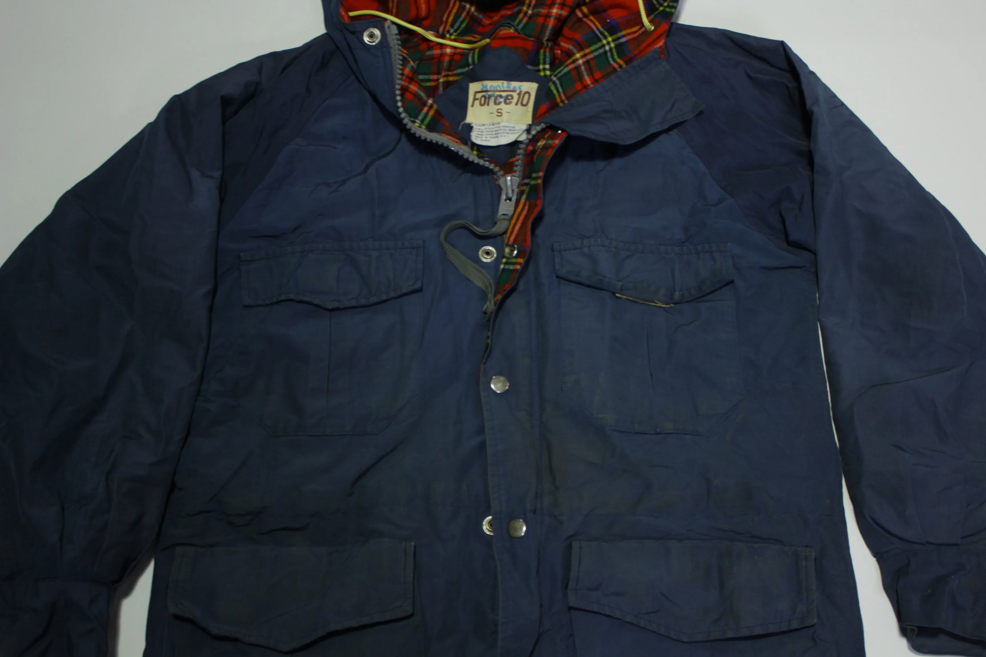 Force 10 Plaid Flannel Lined Hooded Windbreaker 80's Chore Jacket