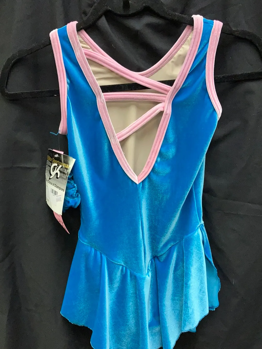 GK Figure Skating Dress Child Large Velvet w/Scrunchie Blue & Pink SK1094