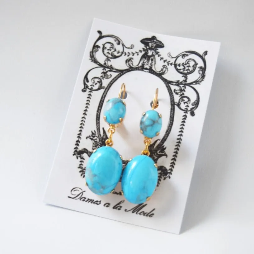 Glass Turquoise 2-stone Earrings - Small and Large Ovals