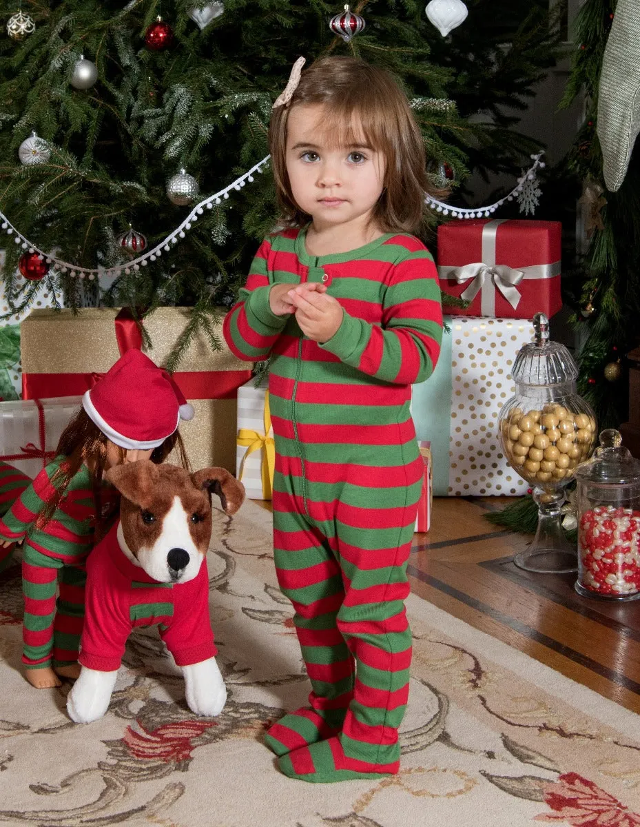 Kid's Footed Cotton Red & Green Stripes Pajamas