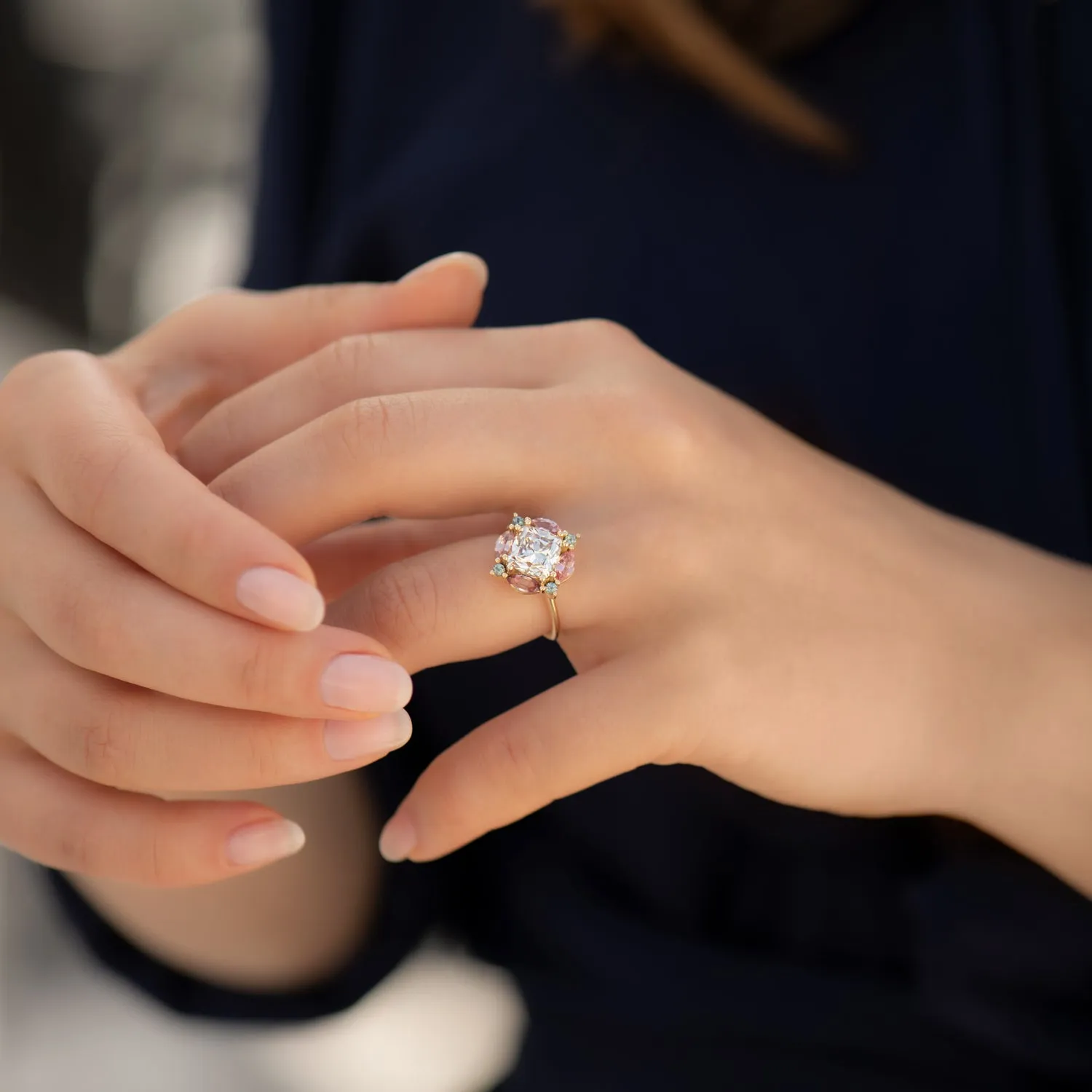 Mosaic Engagement Ring with Cushion Cut Diamond and Sapphires