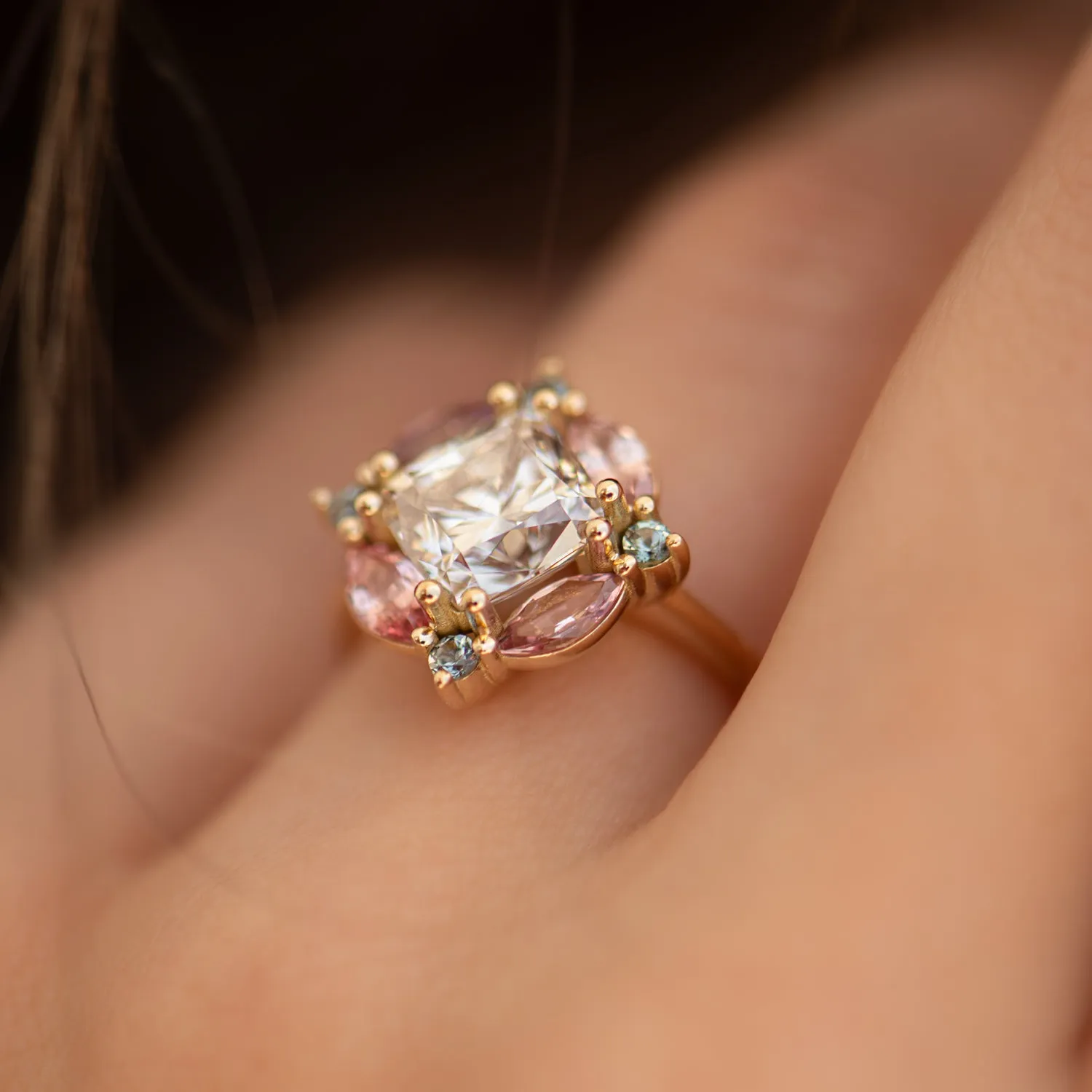 Mosaic Engagement Ring with Cushion Cut Diamond and Sapphires