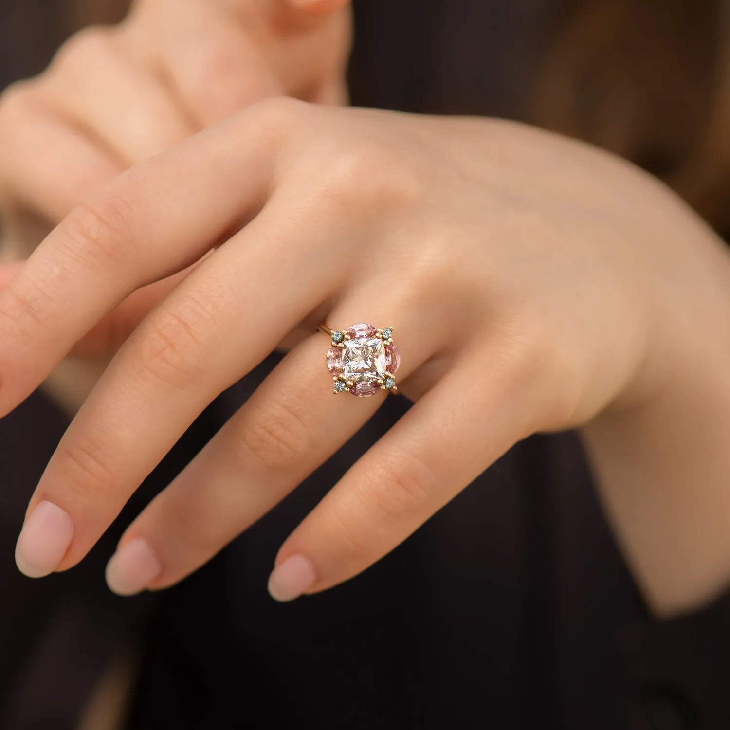 Mosaic Engagement Ring with Cushion Cut Diamond and Sapphires