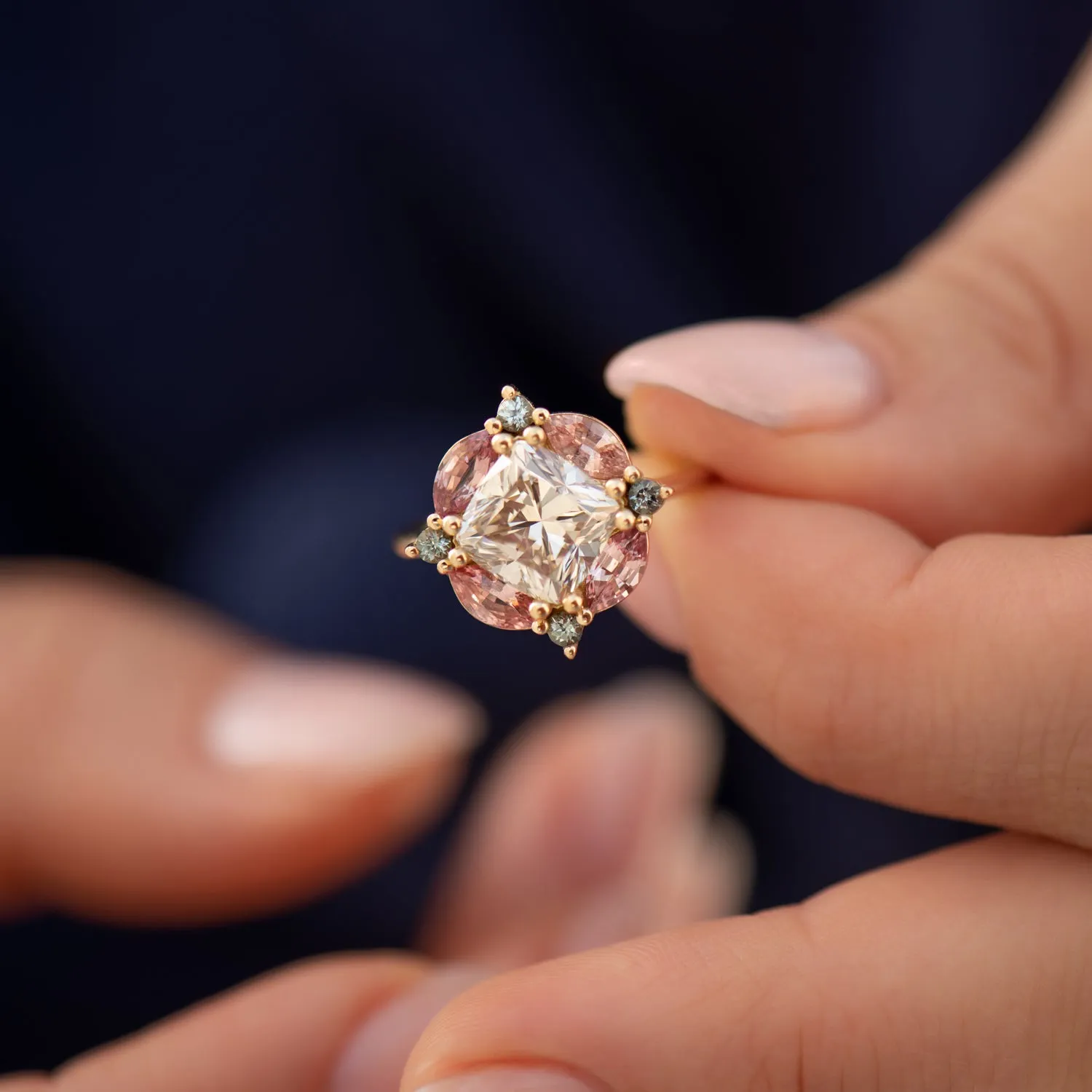 Mosaic Engagement Ring with Cushion Cut Diamond and Sapphires