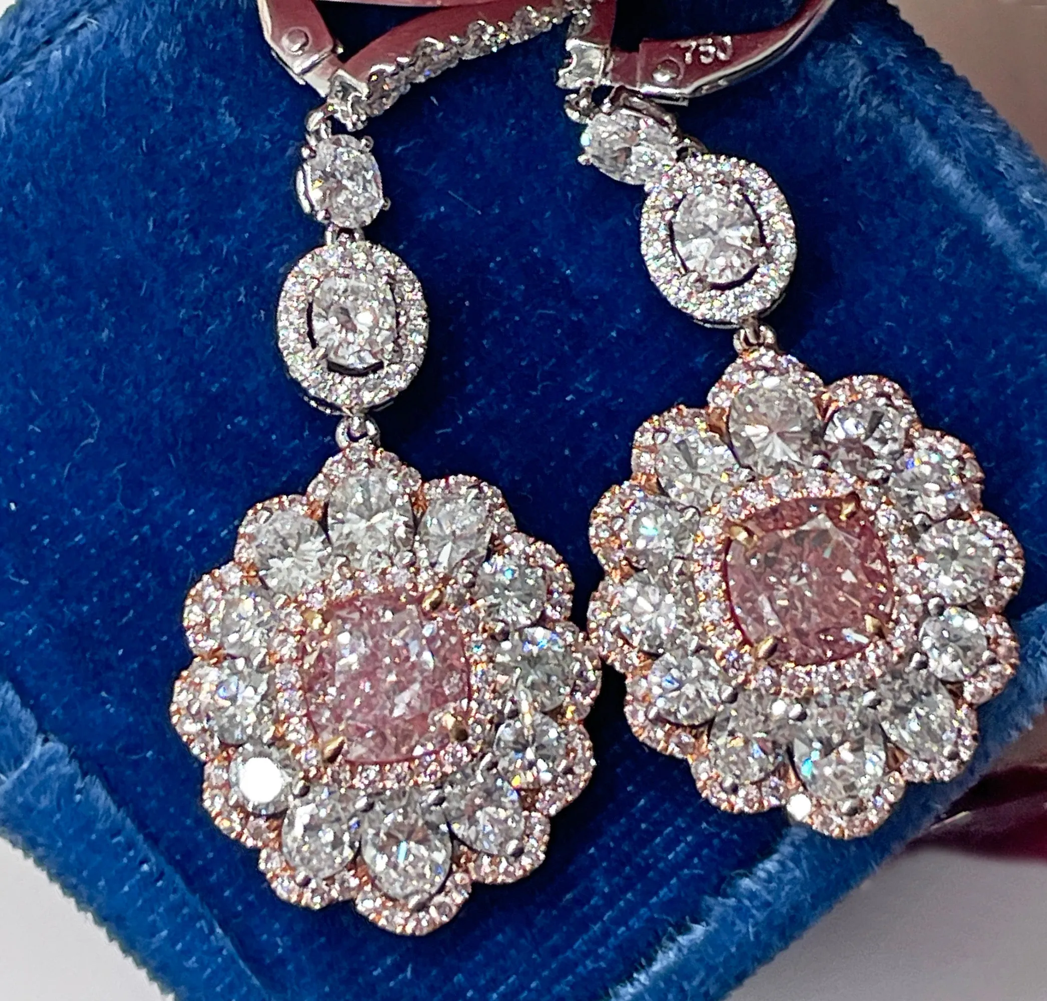 Natural PINK & White 5.15ct GIA Diamond Cluster Dangling Hanging 18K Earrings