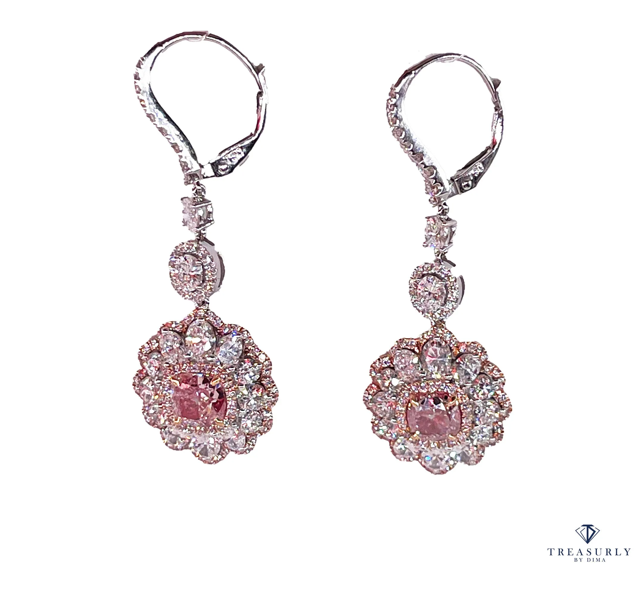 Natural PINK & White 5.15ct GIA Diamond Cluster Dangling Hanging 18K Earrings