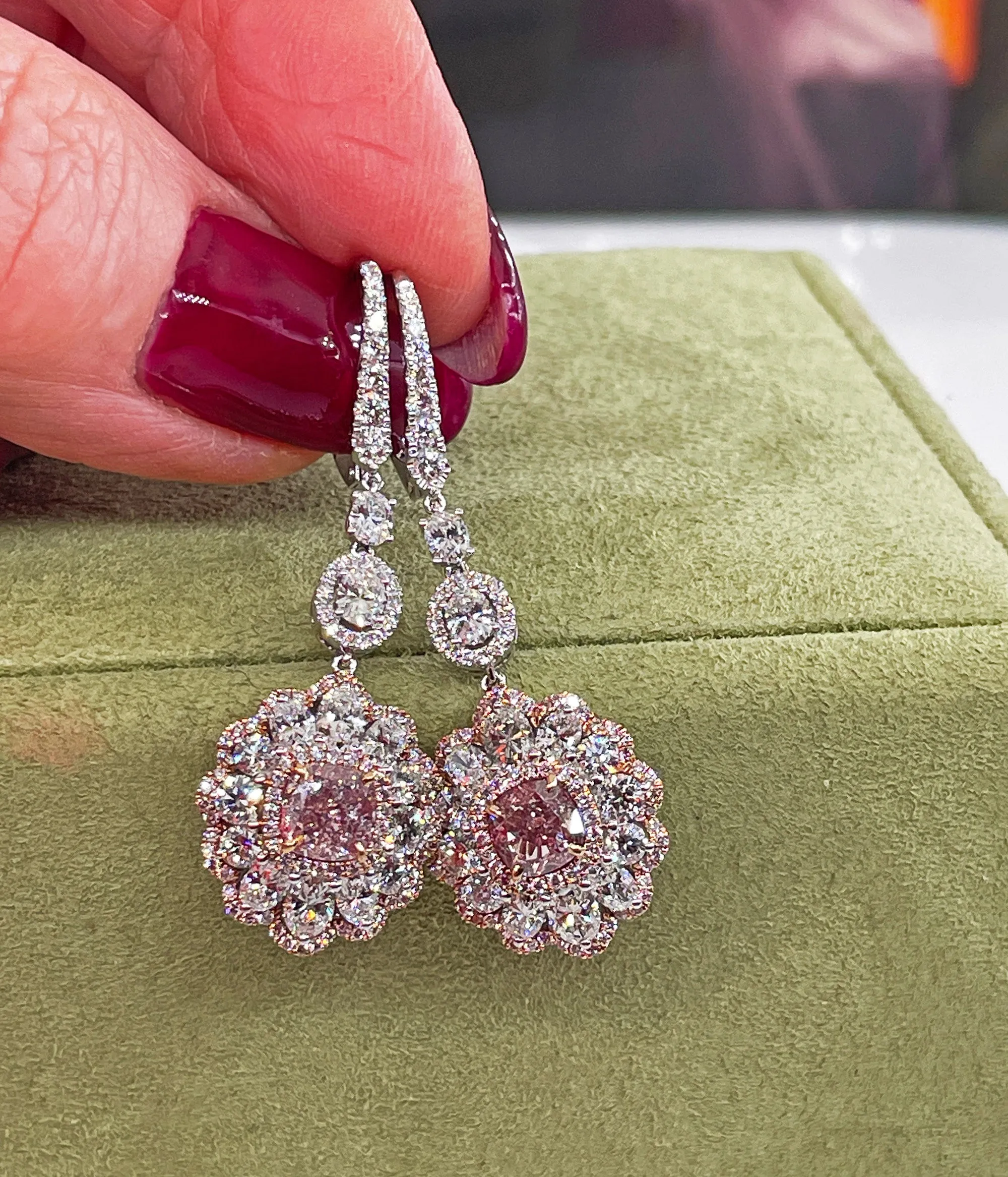 Natural PINK & White 5.15ct GIA Diamond Cluster Dangling Hanging 18K Earrings