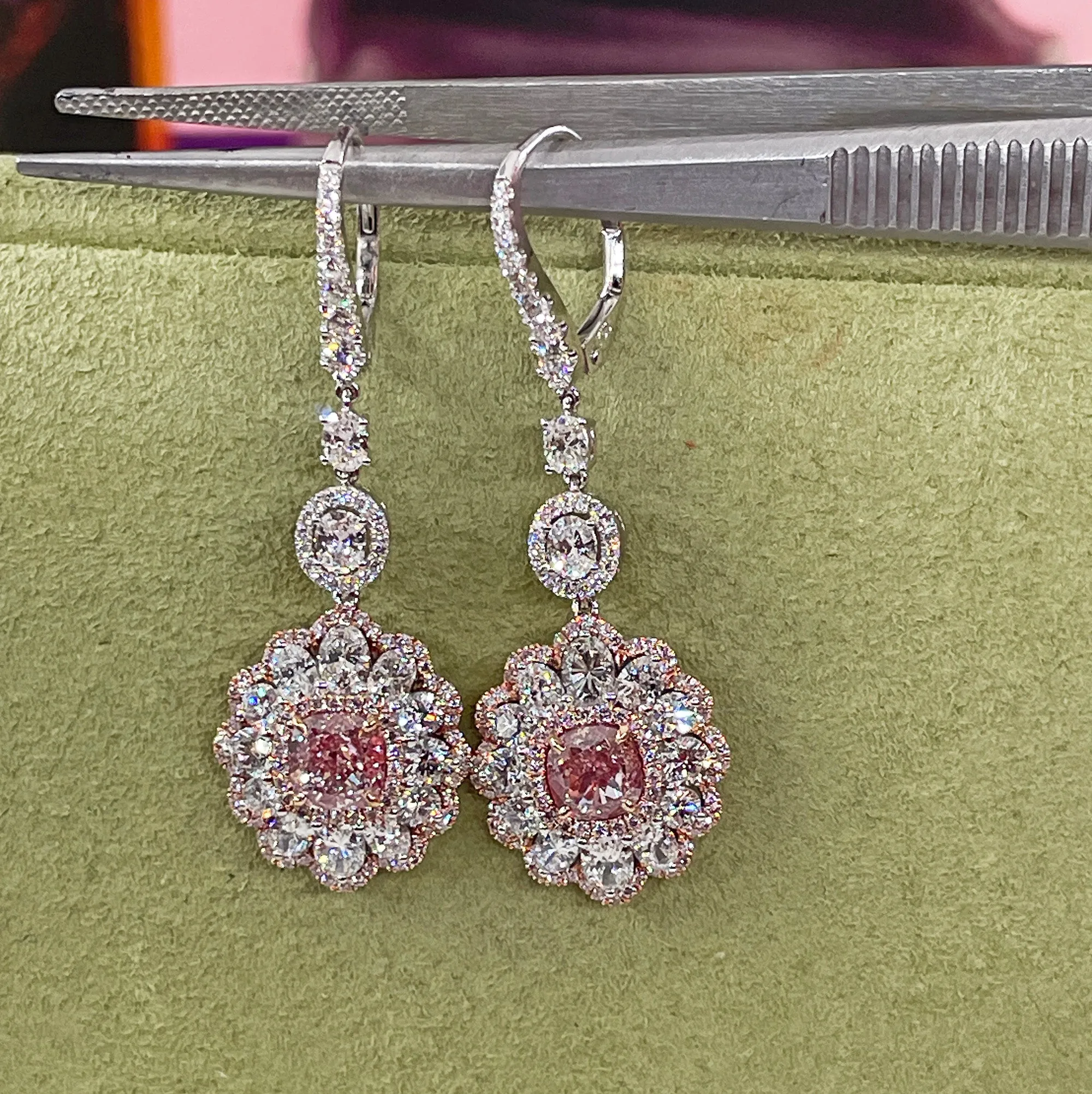 Natural PINK & White 5.15ct GIA Diamond Cluster Dangling Hanging 18K Earrings