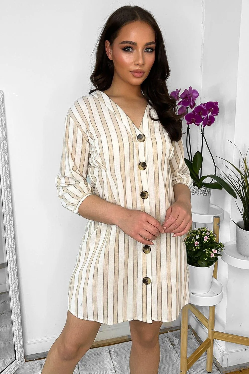 Natural Stripe V-Neck Cotton Blend Dress