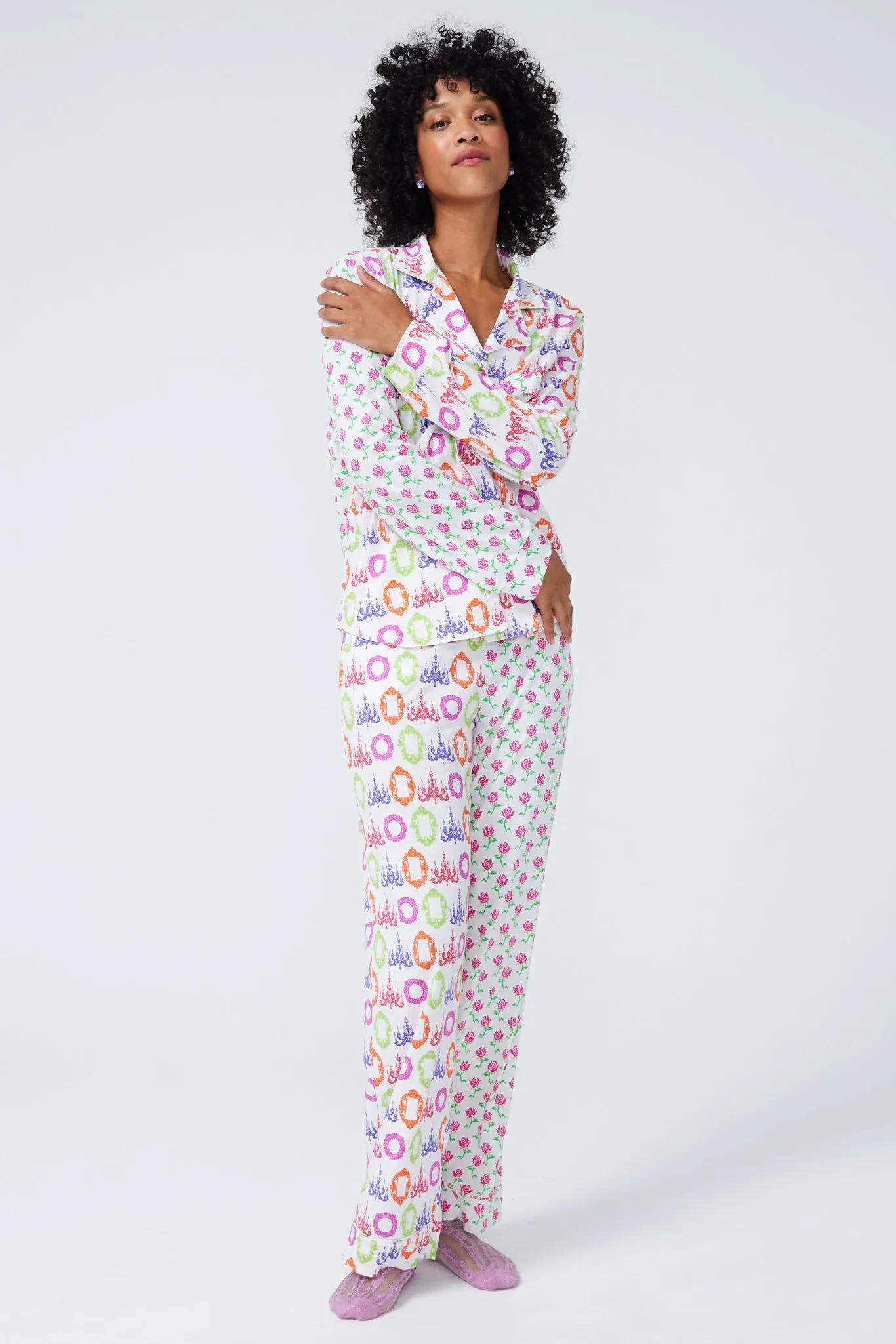 Pajama Set in Mirrors and Pink Stemmed Roses Patchwork