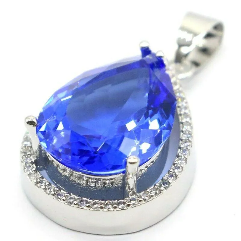 Pear Shape Created Blue Tanzanite Sterling Silver Necklace