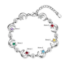 Personalized 6 Birthstone Star Moon Chain Bracelets For Women