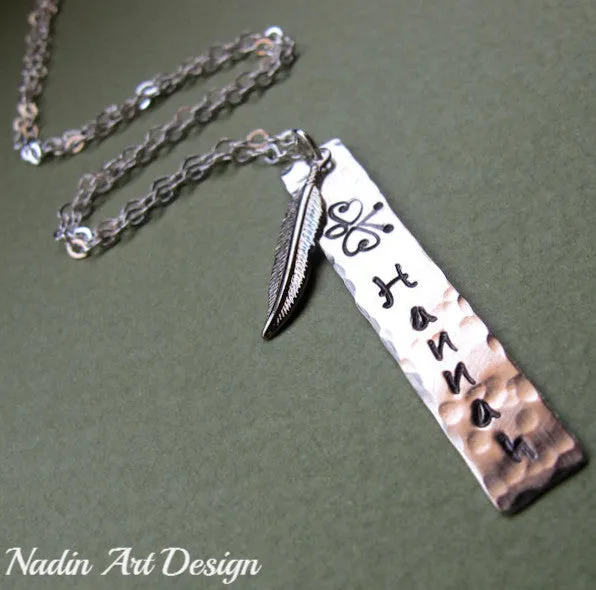 Personalized Hand Stamped Name Necklace with Feather Charm